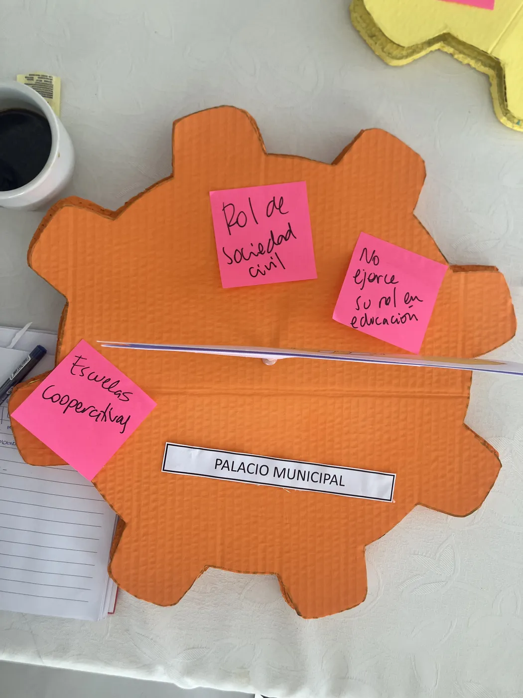 Un engranaje de cartulina naranja con notas adhesivas rosadas.