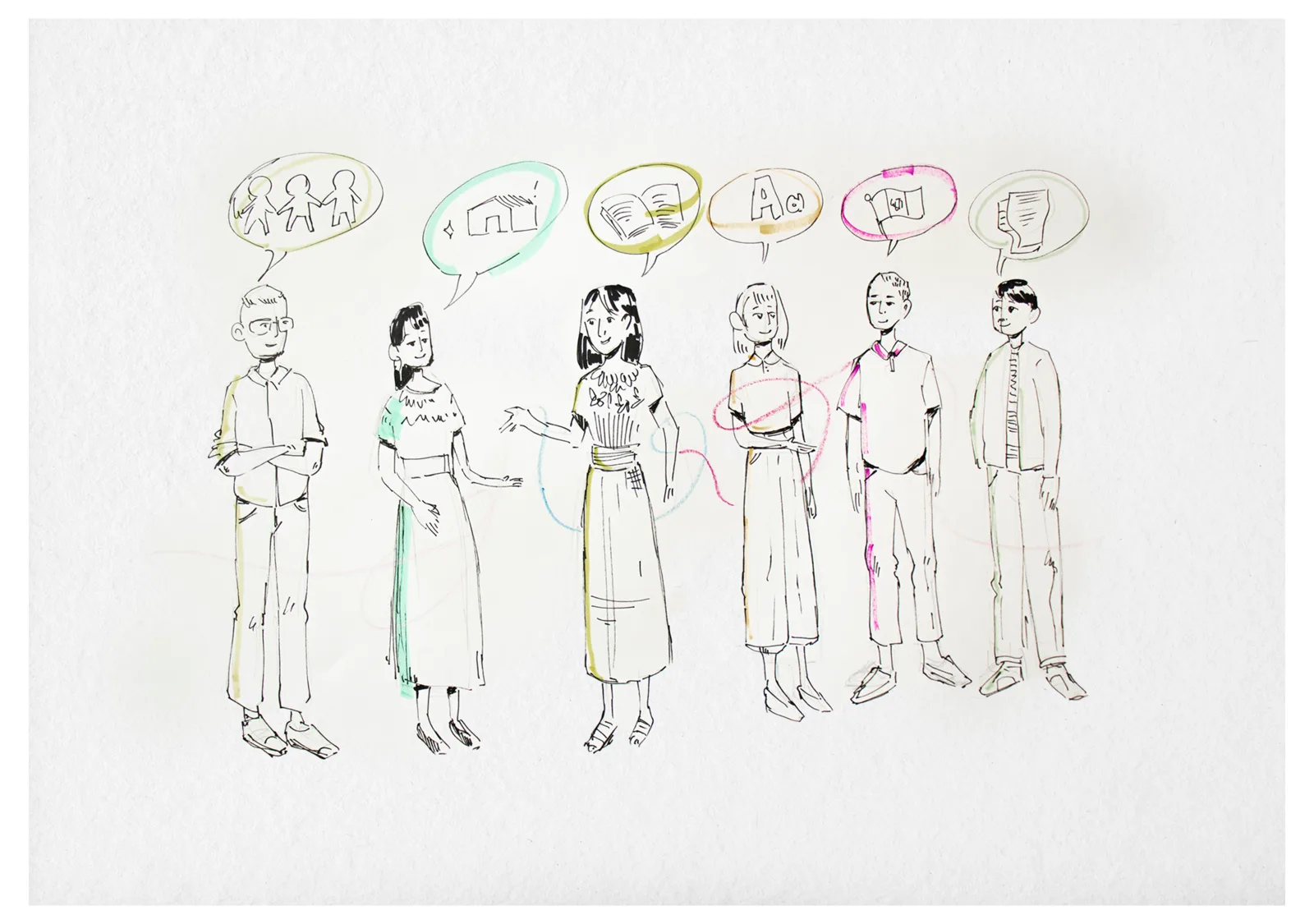 Ilustración: seis personas de pie, cada una con un globo de diálogo con un símbolo distinto: familia, casa, libro, letras, bandera y documento.