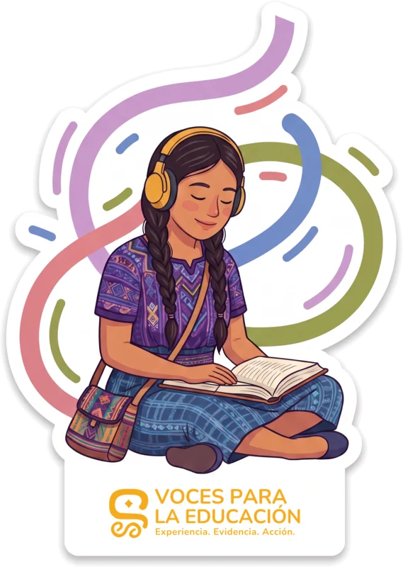 Sticker del pódcast: una joven con audífonos lee un libro.