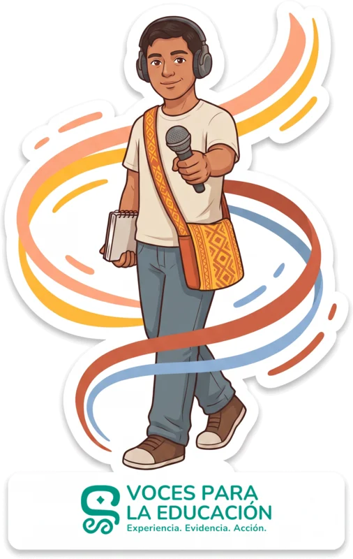 Sticker del pódcast: un joven con audífonos extiende un micrófono.